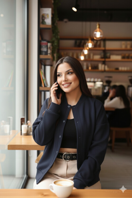 Kadın Lacivert Cep Detaylı ve Çıtçıt Detaylı Scuba Örme Ceket
