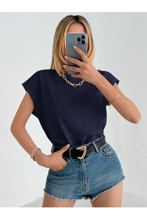 Kadın Lacivert Düşük Kol Pamuklu Örme T-Shirt