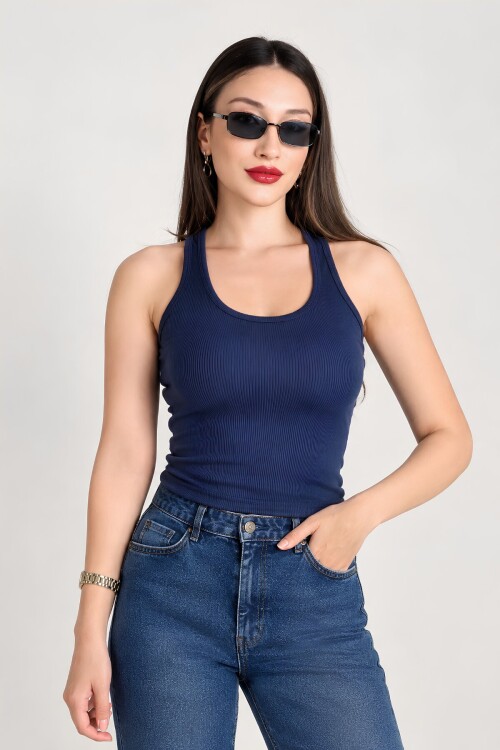 Lacivert Fitted Havuz Yaka Atlet | Kalın Askılı Fitilli Kaşkorse Örme Kumaş | %98 Pamuk %2 Elastan Esnek Vücuda Oturan Basic Atlet