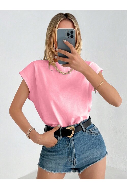 Kadın Pembe Düşük Kol Pamuklu Örme T-Shirt