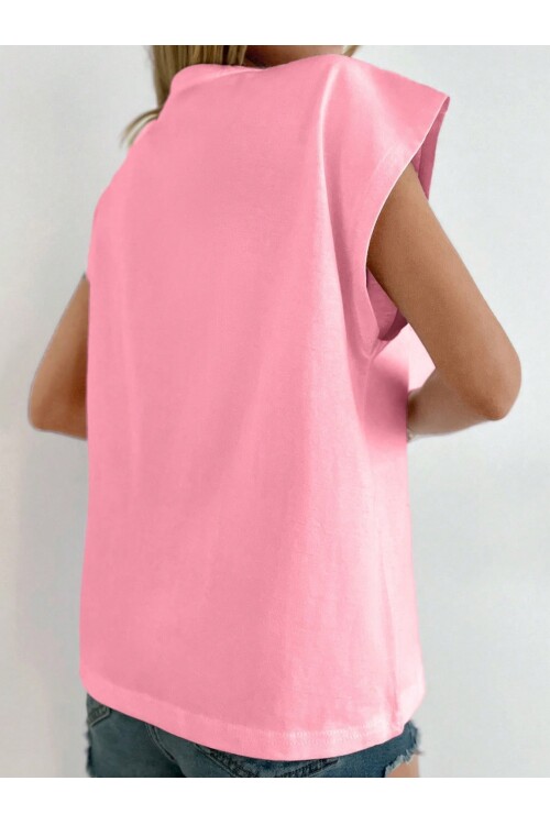 Kadın Pembe Düşük Kol Pamuklu Örme T-Shirt