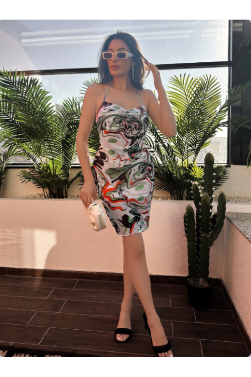 Kadın Renkli Desenli İnce Askılı Etek Takım