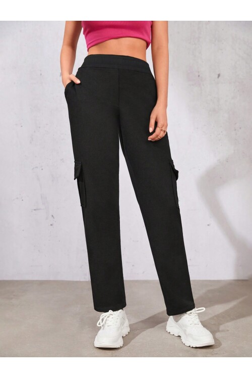 Kadın Siyah Beli Lastikli Düz Paça Kargo Pantolon