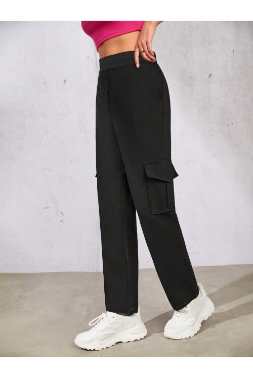Kadın Siyah Beli Lastikli Düz Paça Kargo Pantolon