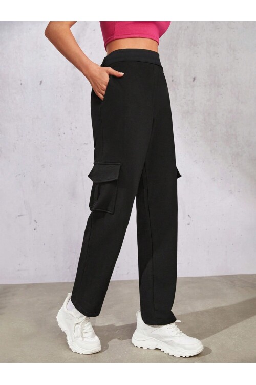 Kadın Siyah Beli Lastikli Düz Paça Kargo Pantolon