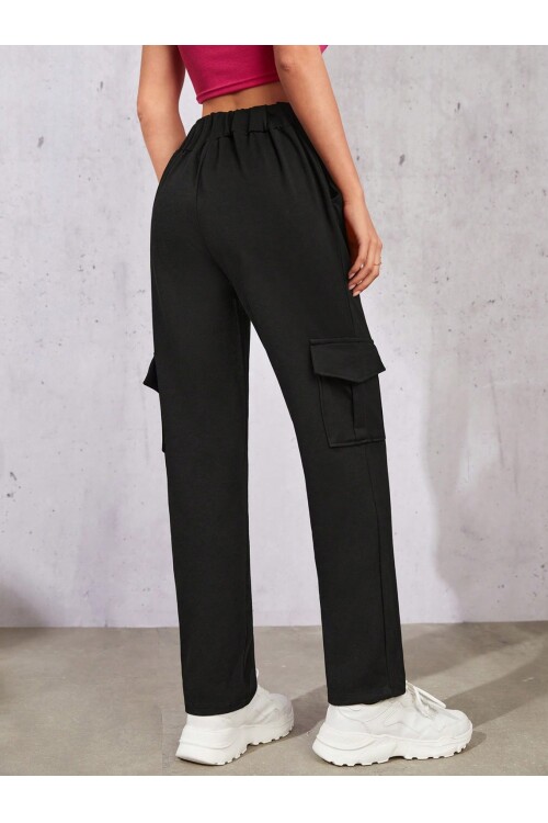 Kadın Siyah Beli Lastikli Düz Paça Kargo Pantolon