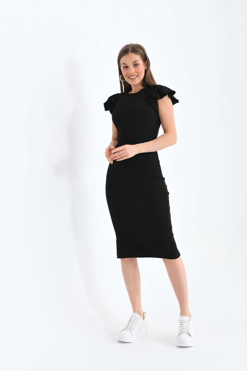  Kadın Siyah Bisiklet Yaka Kolları Fırfırlı Fitilli Esnek Midi Örme Elbise