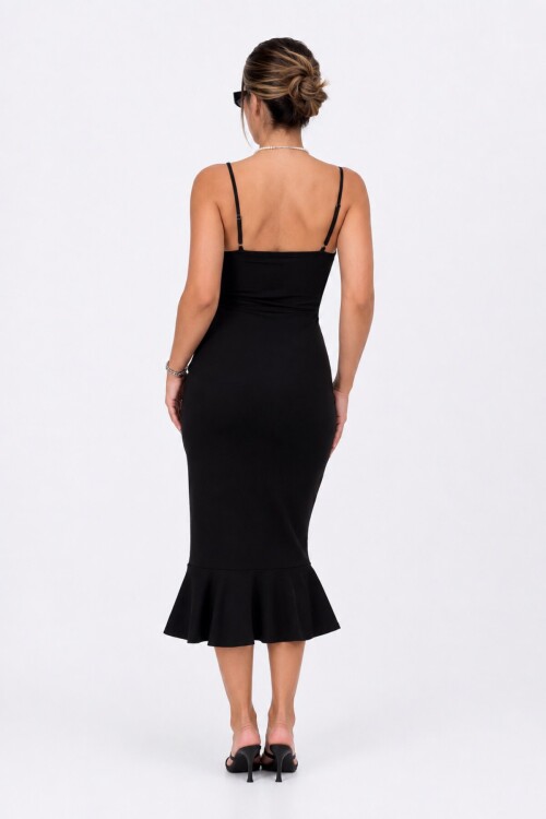 Siyah Bodycon Midi Elbise | İnce Askılı V Yaka | Cut Out Dekolte Detaylı Volanlı Etek | Scuba Krep Örme Kumaş