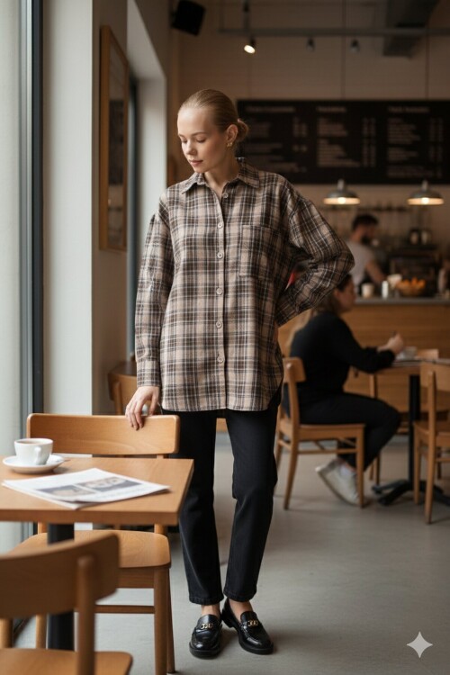 Kahve Oversize Kesim Uzun Kol Düğme ve Cep Detaylı Ekose Gömlek