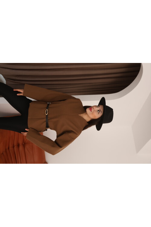 Kahverengi Kaşe Kruvaze Düşük Omuz ve Kemer Detaylı Kadın Ceket