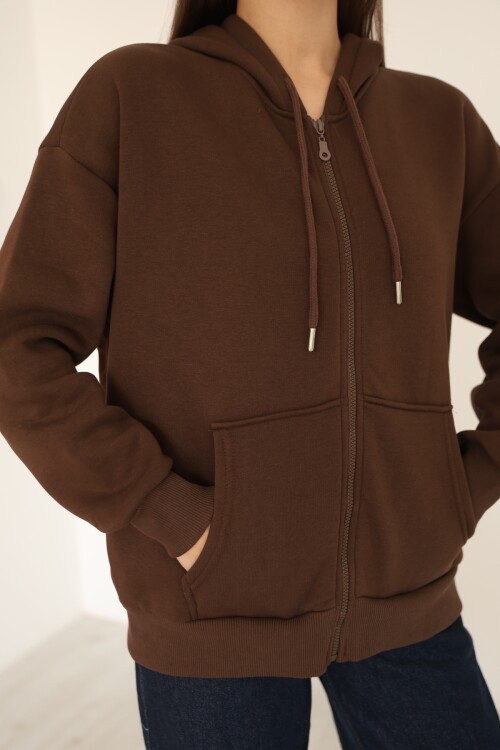 Kahverengi Oversize İçi Polar ve Fermuar Detaylı Kapüşonlu Kadın Sweatshirt