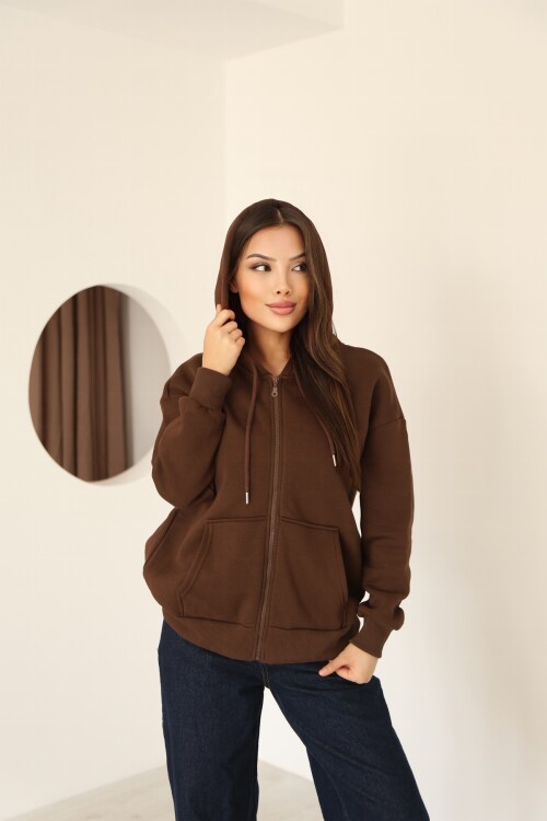 Kahverengi Oversize İçi Polar ve Fermuar Detaylı Kapüşonlu Kadın Sweatshirt