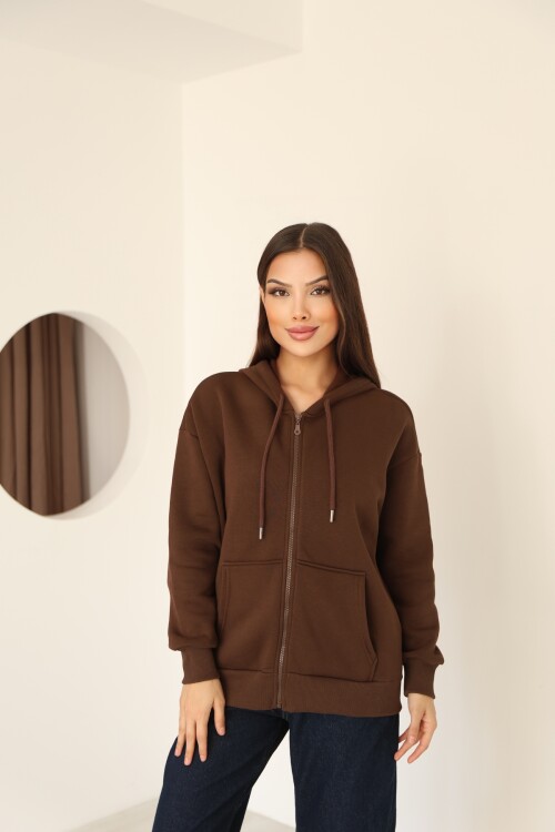 Kahverengi Oversize İçi Polar ve Fermuar Detaylı Kapüşonlu Kadın Sweatshirt