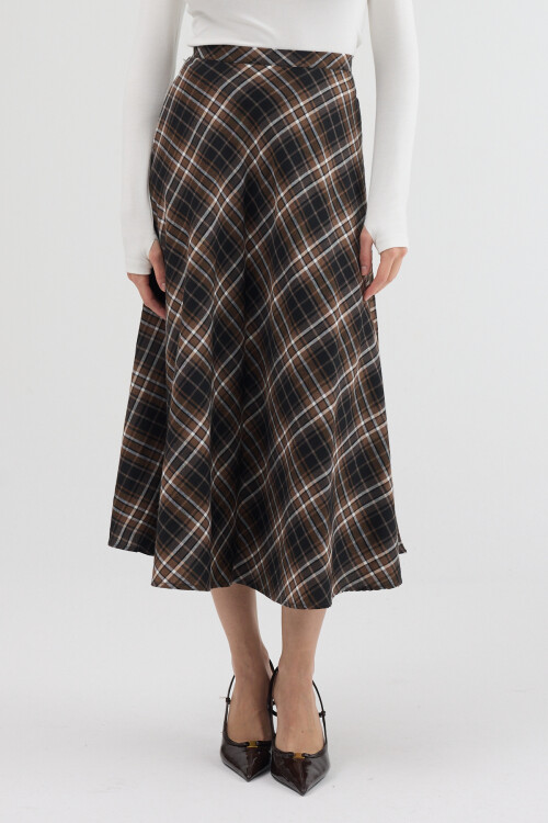 Kahverengi-Siyah Aura Yüksek Bel A-Kesim Ekose Midi Etek