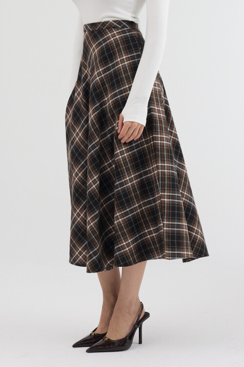 Kahverengi-Siyah Aura Yüksek Bel A-Kesim Ekose Midi Etek