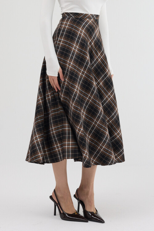 Kahverengi-Siyah Aura Yüksek Bel A-Kesim Ekose Midi Etek