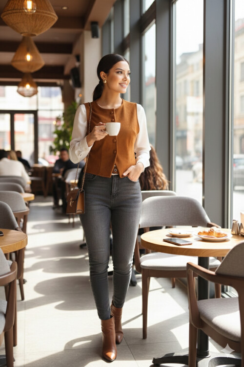 Kahverengi Süet Bel Oturtmalı Önü Düğmeli Kolsuz Ceket