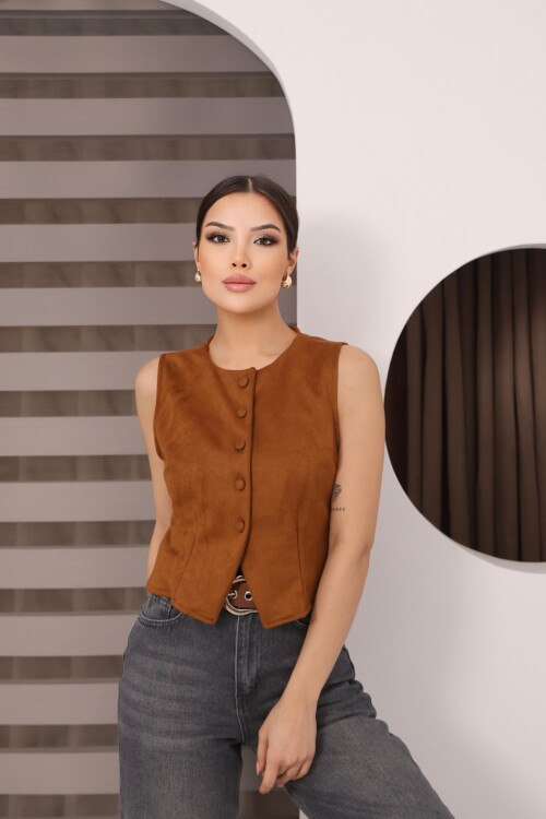 Kahverengi Süet Bel Oturtmalı Önü Düğmeli Kolsuz Ceket