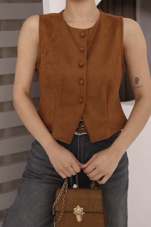 Kahverengi Süet Bel Oturtmalı Önü Düğmeli Kolsuz Ceket