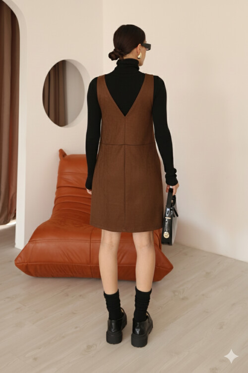 Kahverengi Süet V Yaka Diz Üstü Panel Detaylı Kadın Elbise