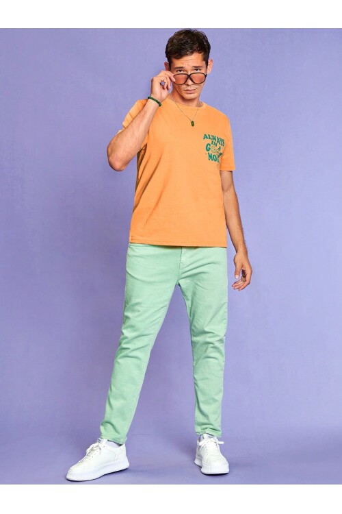 Kayısı Rengi Always In A Good Mood Baskılı 100% Pamuk T-Shirt