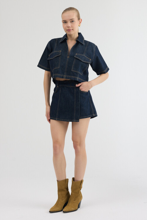 Koyu Lacivert Gömlek Yaka Cep Detaylı Üst ve Asimetrik Düğmeli Kot Şort Etek Urban Stil İkili Takım