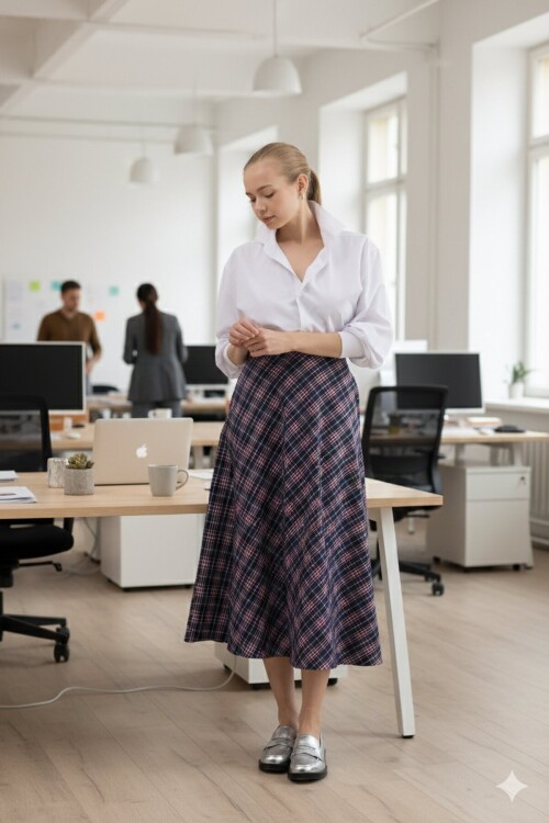 Lacivert-Kırmızı Aura Yüksek Bel A-Kesim Ekose Midi Etek