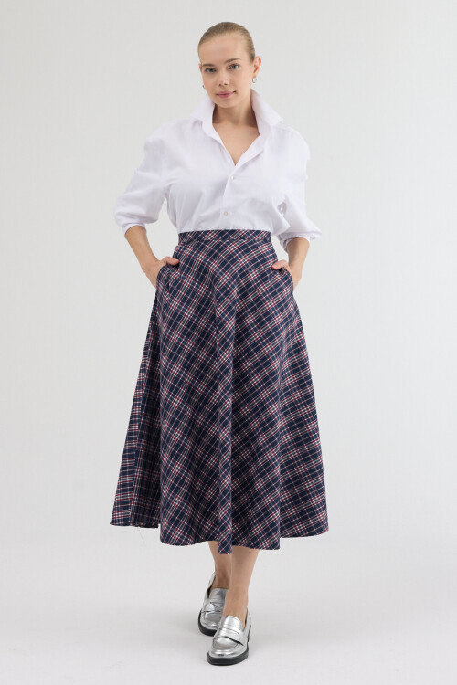 Lacivert-Kırmızı Aura Yüksek Bel A-Kesim Ekose Midi Etek