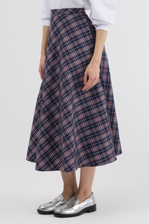 Lacivert-Kırmızı Aura Yüksek Bel A-Kesim Ekose Midi Etek