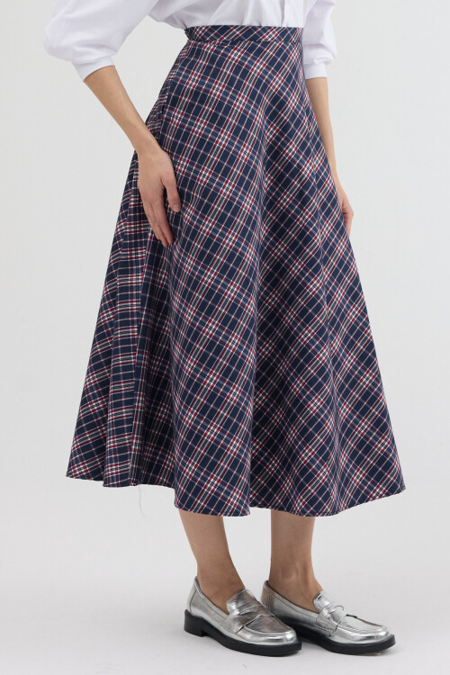 Lacivert-Kırmızı Aura Yüksek Bel A-Kesim Ekose Midi Etek