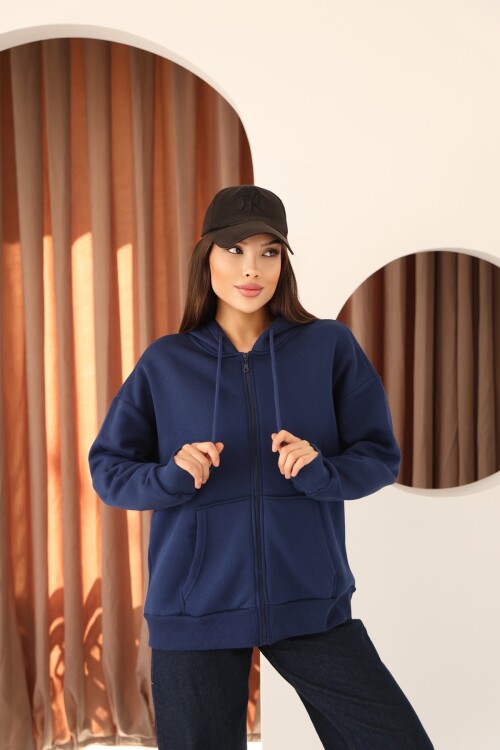 Lacivert Oversize İçi Polar ve Fermuar Detaylı Kapüşonlu Kadın Sweatshirt