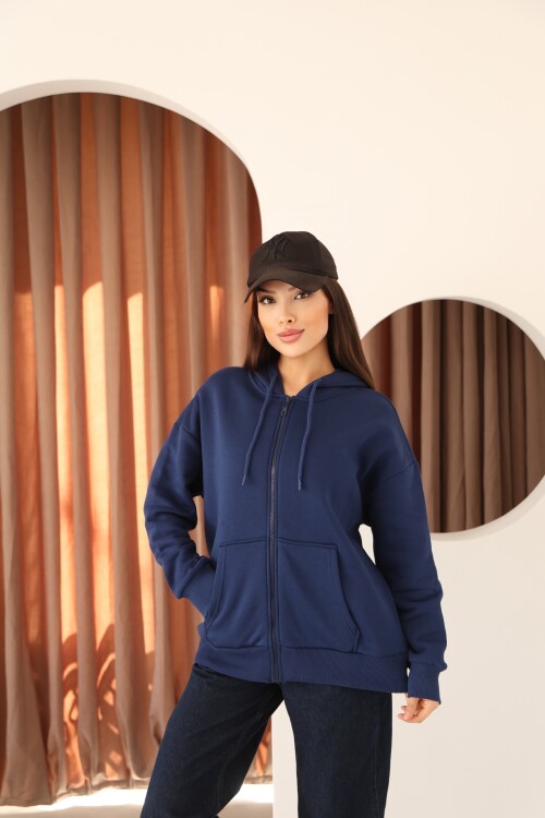 Lacivert Oversize İçi Polar ve Fermuar Detaylı Kapüşonlu Kadın Sweatshirt