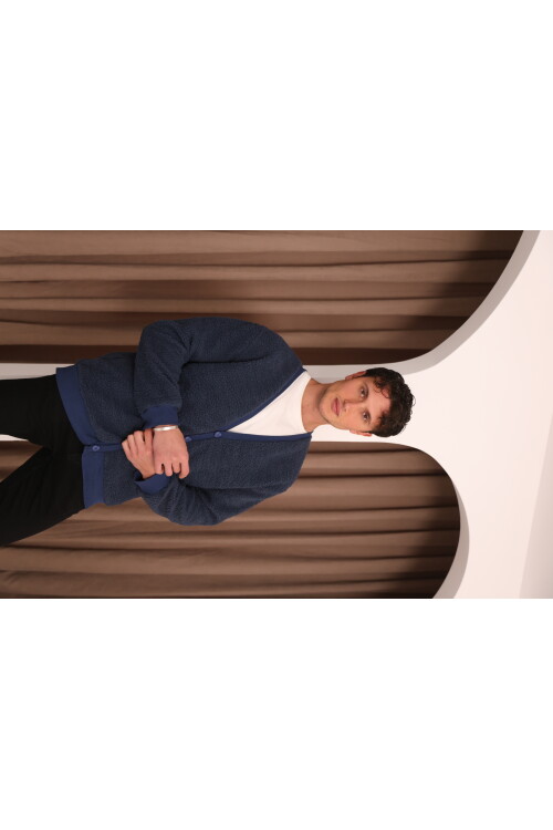 Lacivert V Yaka Düğmeli Peluş Hırka