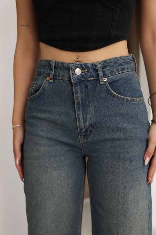 Mavi Yüksek Bel Taş Yıkamalı Tint Efektli Palazzo Kot Pantolon