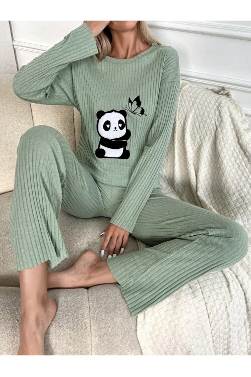 Mint Panda Nakışlı Bisiklet Yaka Boru Paça Fitilli Kaşkorse İkili Takım