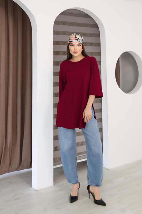 Moviment Kadın Standart Beden Duble Kol Yandan Yırtmaçlı Bordo T-shirt