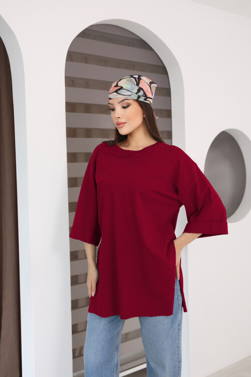Moviment Kadın Standart Beden Duble Kol Yandan Yırtmaçlı Bordo T-shirt