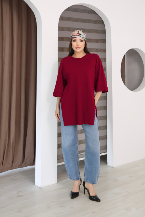 Moviment Kadın Standart Beden Duble Kol Yandan Yırtmaçlı Bordo T-shirt