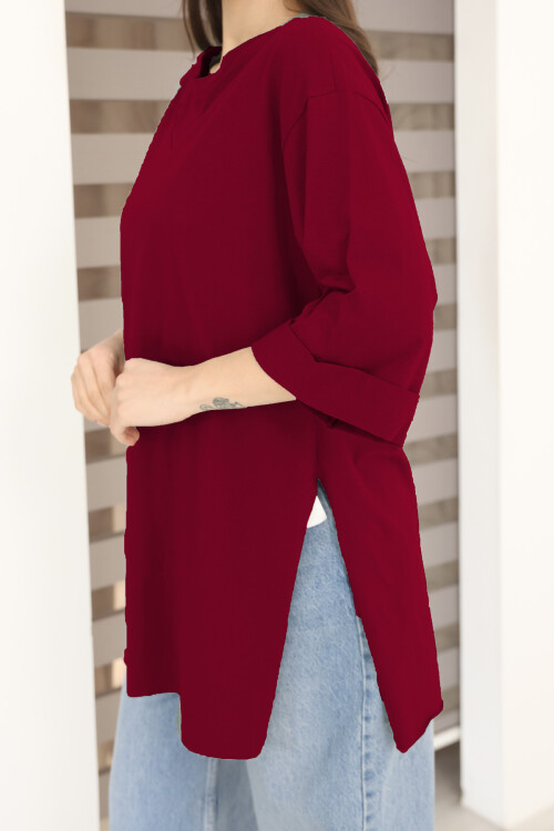 Moviment Kadın Standart Beden Duble Kol Yandan Yırtmaçlı Bordo T-shirt