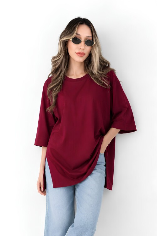 Moviment Kadın Standart Beden Duble Kol Yandan Yırtmaçlı Bordo T-shirt