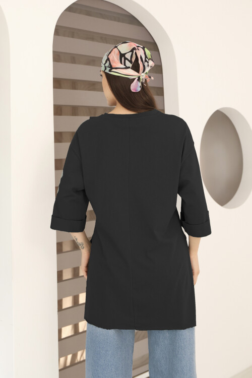 Moviment Kadın Standart Beden Duble Kol Yandan Yırtmaçlı Siyah T-shirt