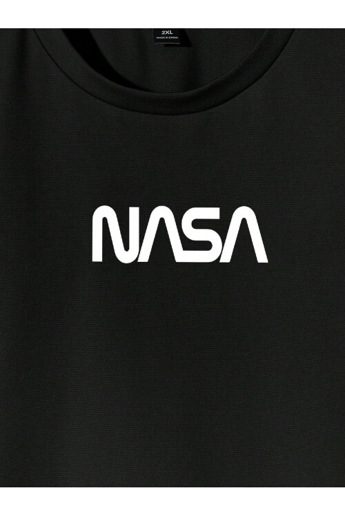 Siyah Bisiklet Yaka Önü NASA Baskılı Erkek T-shirt