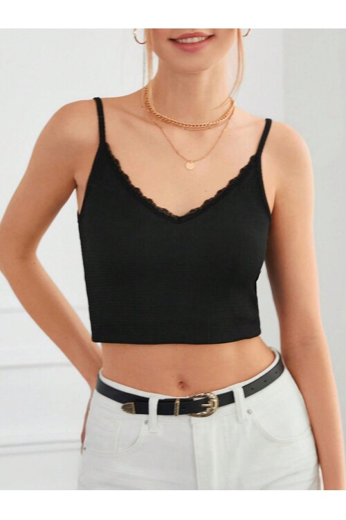 Siyah Dantel Detay Fitted İnce Askılı Atlet