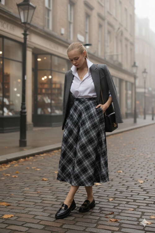 Siyah-Gri Aura Yüksek Bel A-Kesim Ekose Midi Etek