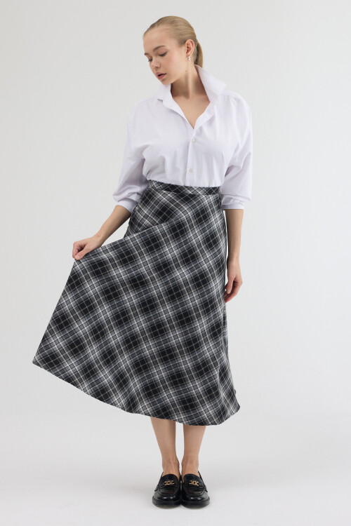 Siyah-Gri Aura Yüksek Bel A-Kesim Ekose Midi Etek