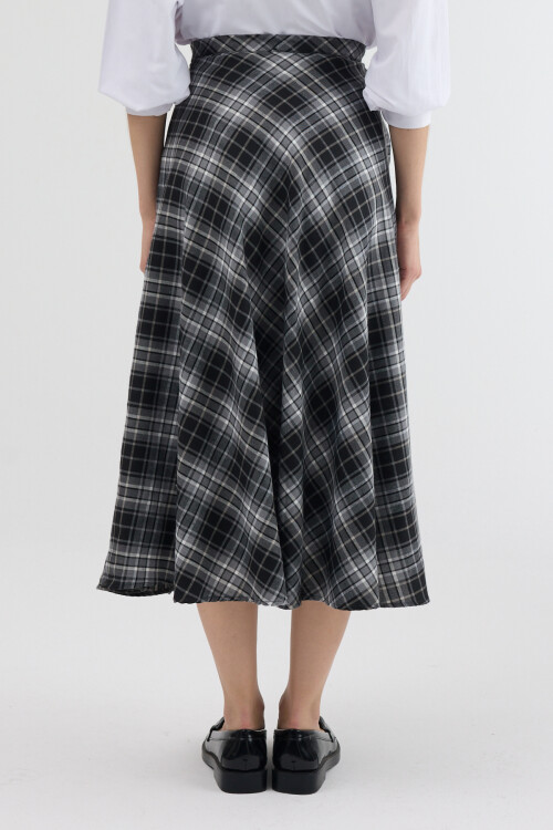 Siyah-Gri Aura Yüksek Bel A-Kesim Ekose Midi Etek