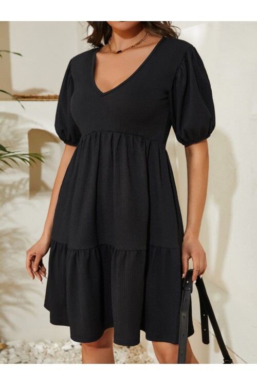 Siyah Karpuz Kol V Yaka Eteği Pile Detaylı Elbise