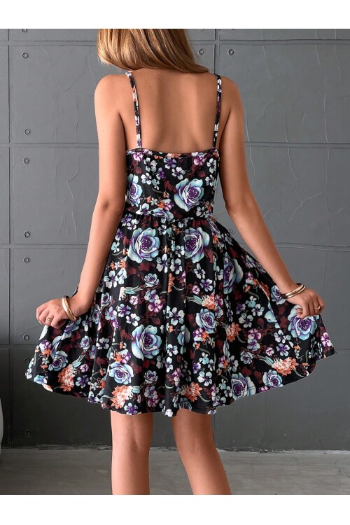 Siyah Mavi Çiçek Desenli Kare Yaka Diz Üstü Askılı Elbise