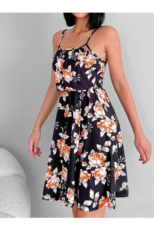 Siyah Turuncu Çiçek Desenli Kare Yaka Diz Üstü Askılı Elbise