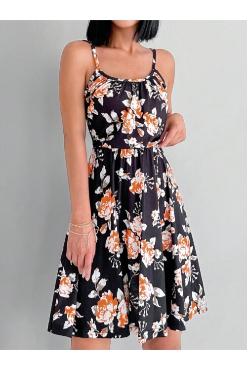 Siyah Turuncu Çiçek Desenli Kare Yaka Diz Üstü Askılı Elbise